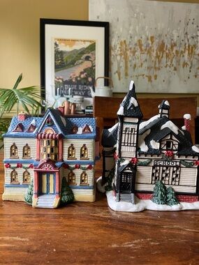 2 Holiday Christmas Village Ceramic or Porcelain Hotel + School Schoolhouse FLAW